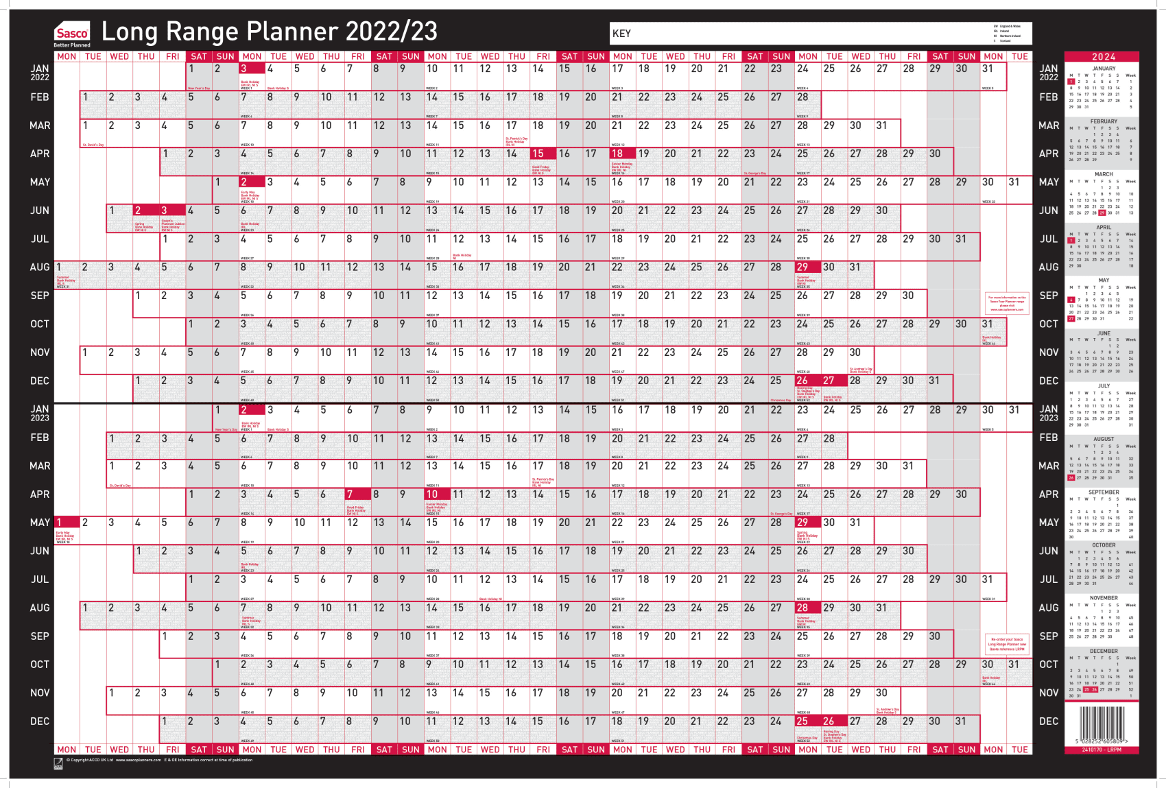 Sasco Mounted Long Range Year Wall Planner 20222023 NOBO