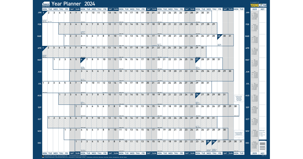 Sasco 2024 Original Year Wall Planner with wet wipe pen & sticker pack