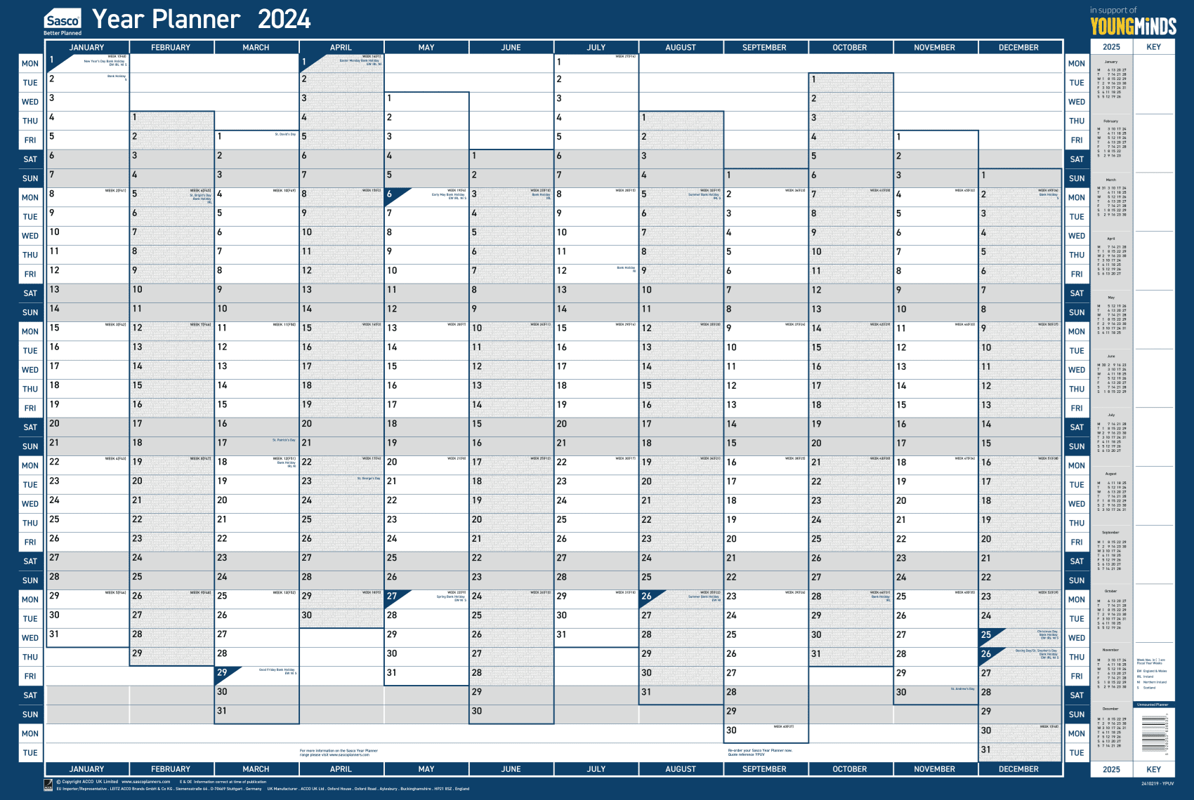 Sasco 2024 Vertical Year Wall Planner with wet wipe pen & sticker pack