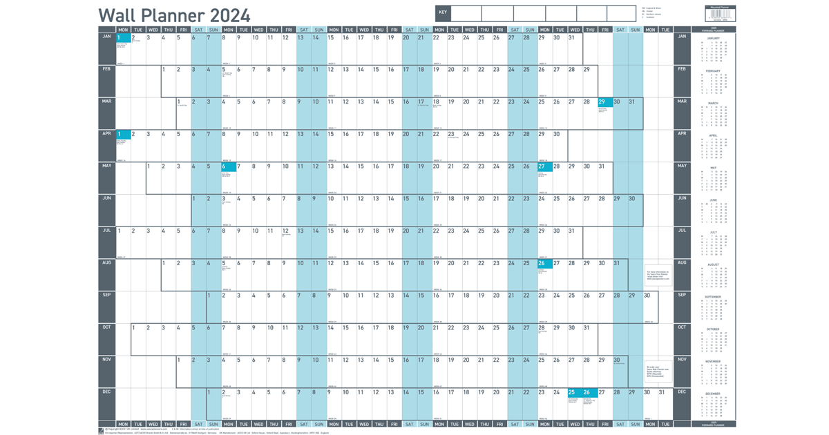 Sasco 2024 Value Year Wall Planner, Blue, Board Mounted, 915mmW x